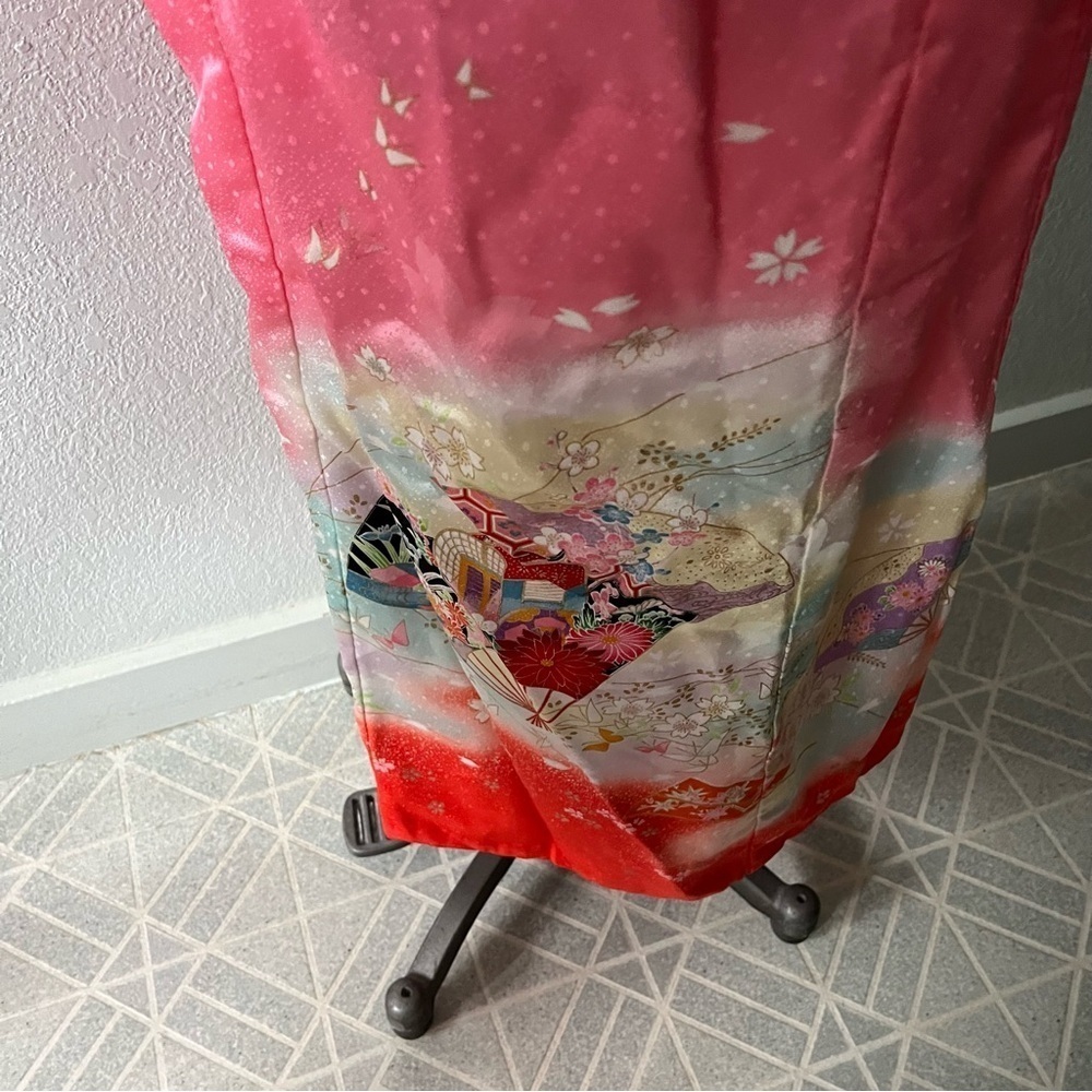 VINTAGE Girl's Pink Kimono Butterflies Flowers Ombre w/ Orange Tie - Picture 7 of 16